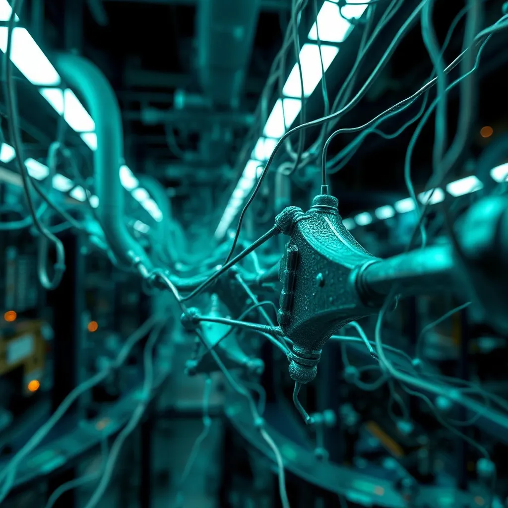 Detailed technical 3D visualization of data flowing through